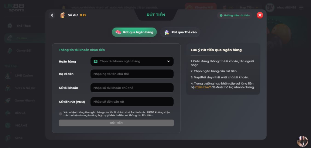 Rút Tiền UK88 qua Chuyển Khoản Ngân Hàng
